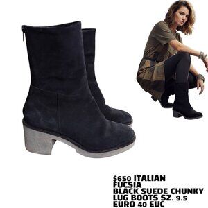 ITALIAN BOOTS FUCSIA MADE IN ITALY BLACK SUEDE CHUNKY LUG SOLE BOOTS 9.5/ 40 EUC